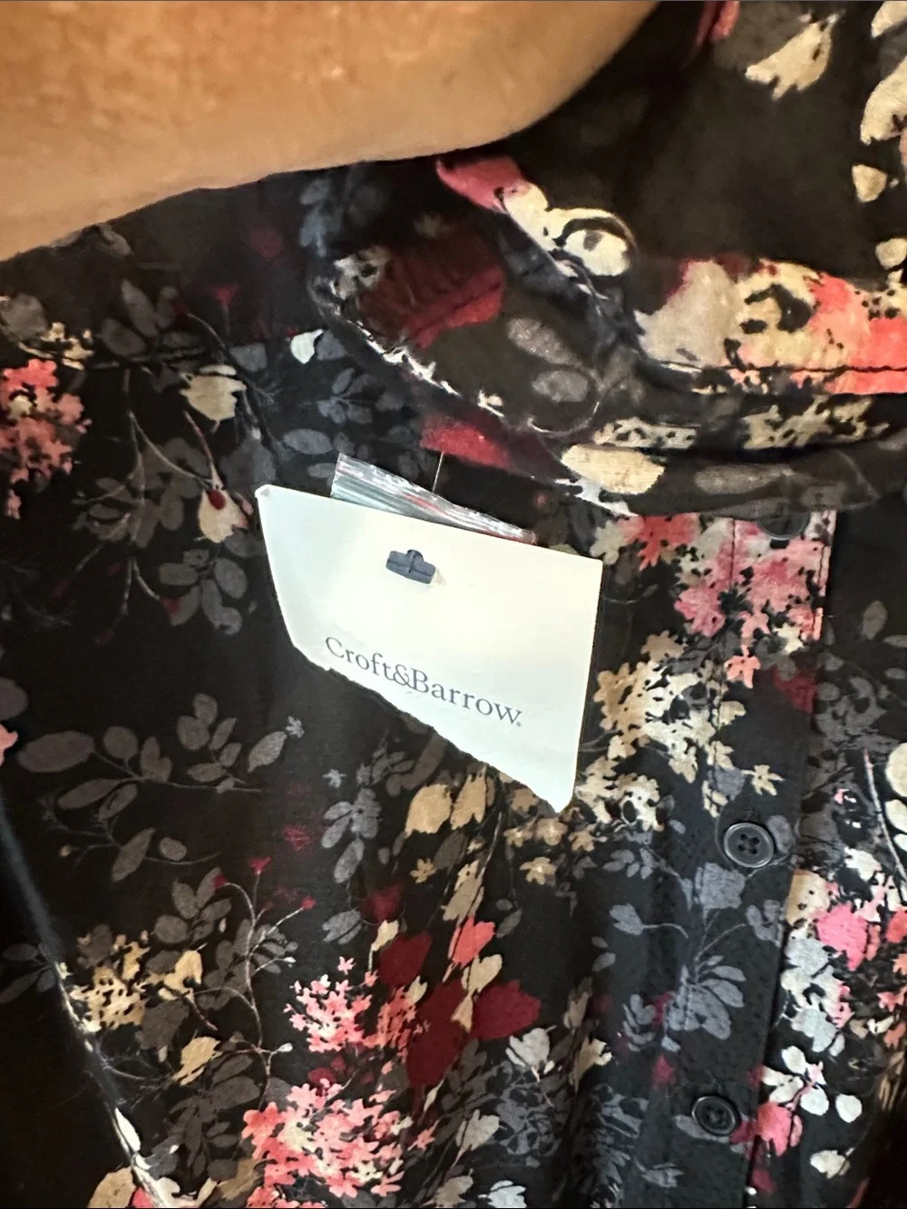 NWT croft & barrow Black Floral Button-Down Shirt with Pink and Blue Accents 2X